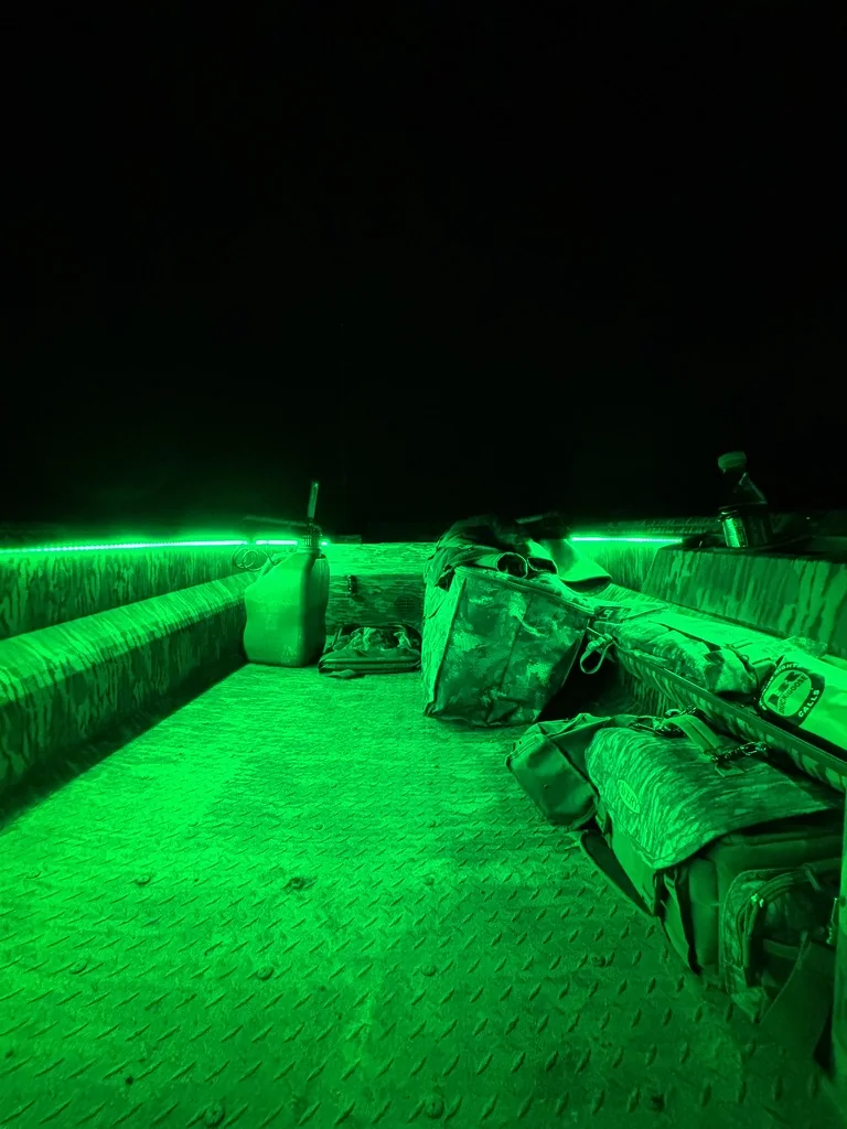 Green illuminated boat interior